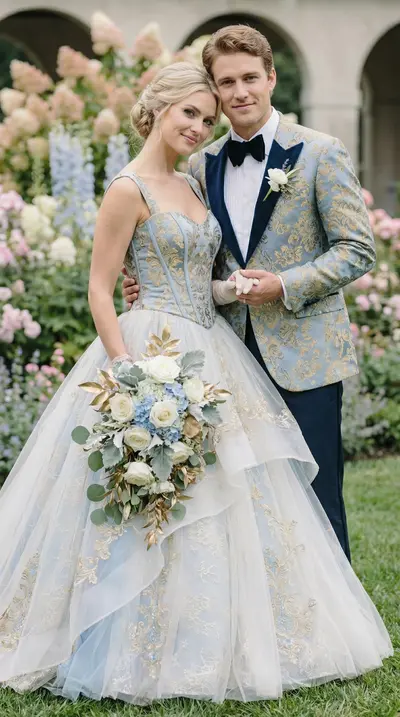 Märchenhochzeit - Hellblauer Brokat Anzug mit Gold